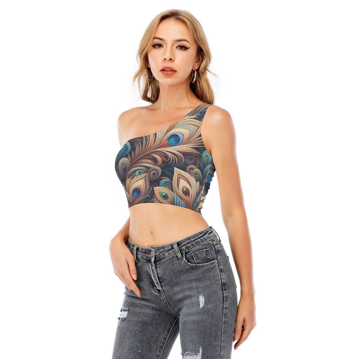 Peacock Woman's One-Shoulder Crop Top