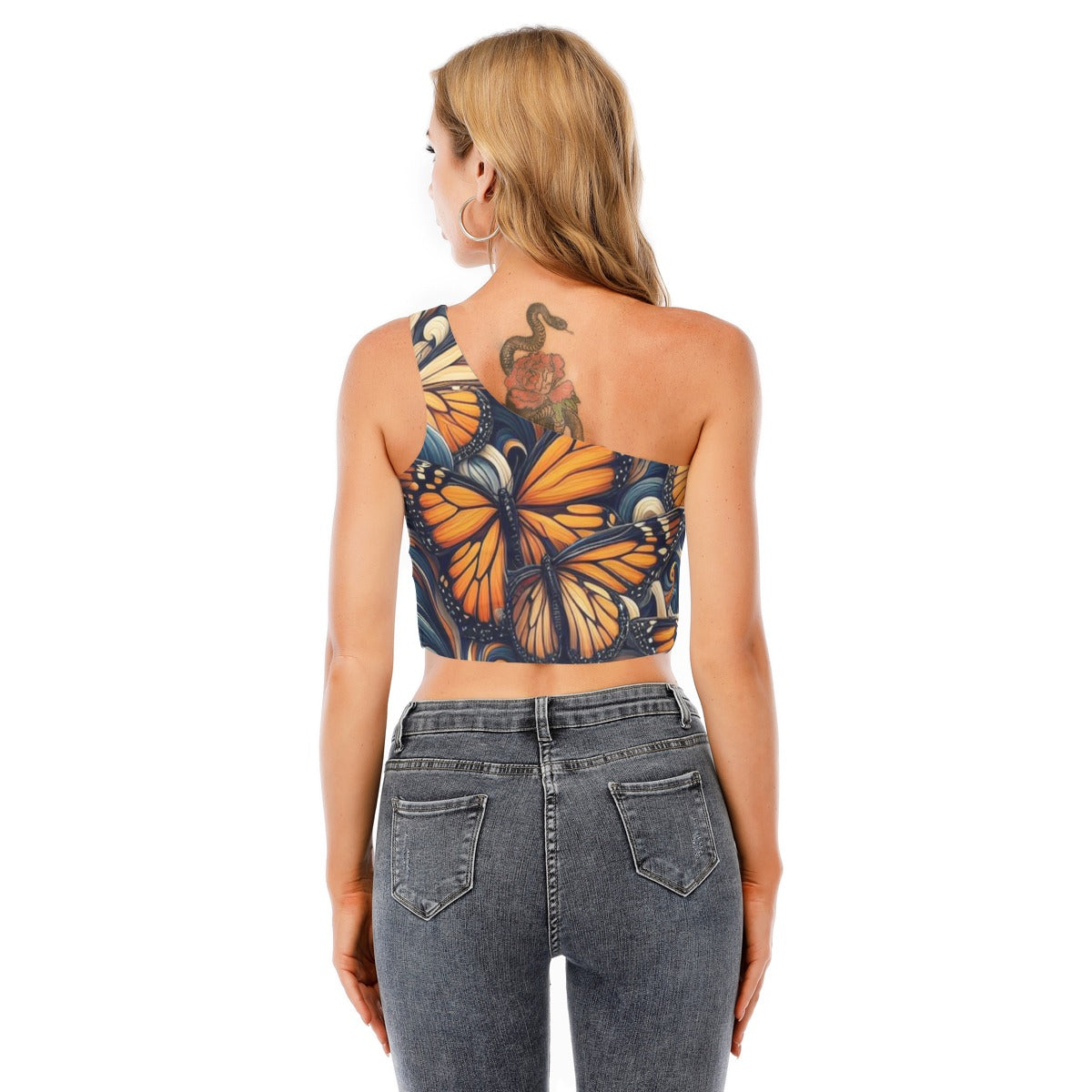 Butterfly Woman's One-Shoulder Crop Top