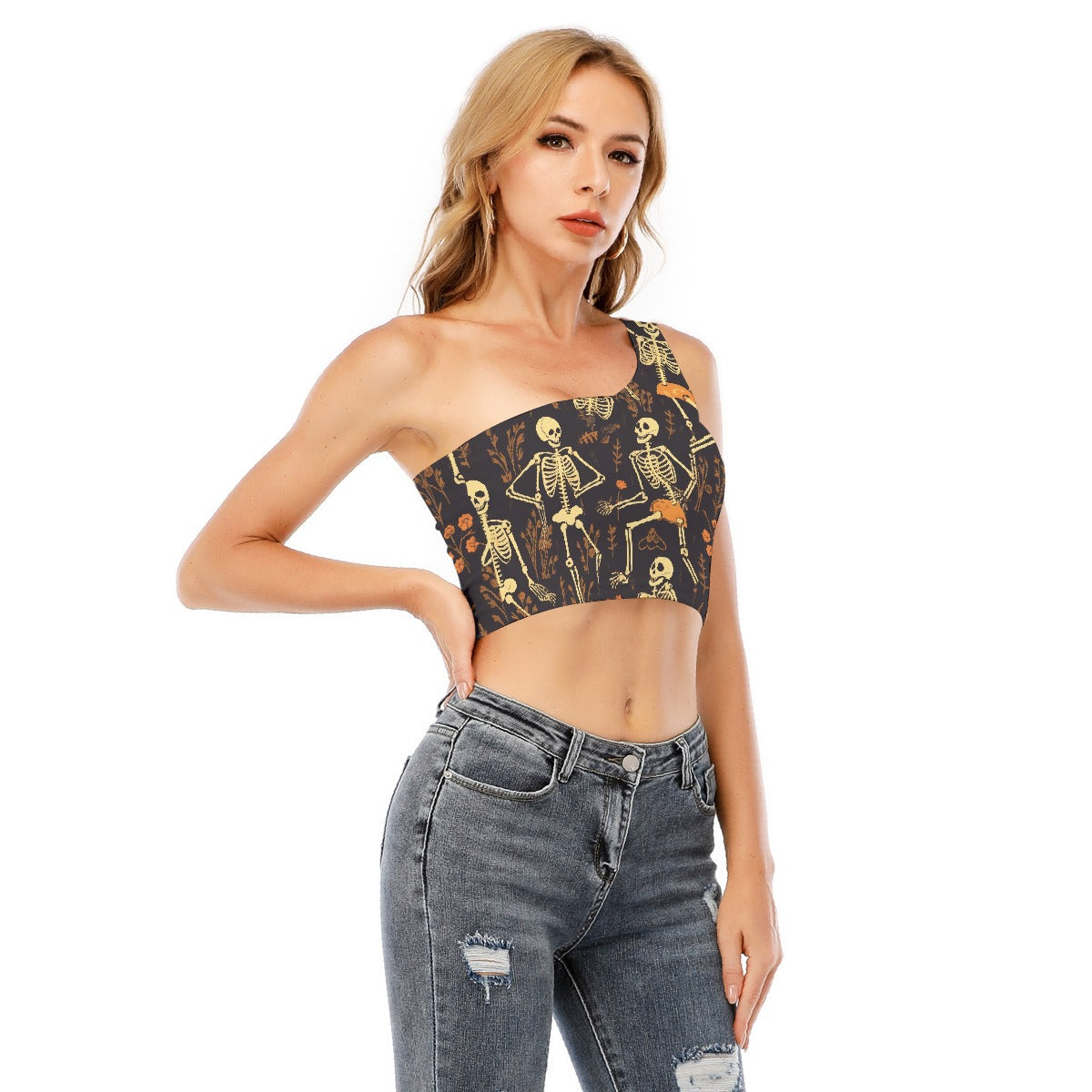 Skeleton Woman's One-Shoulder Crop Top