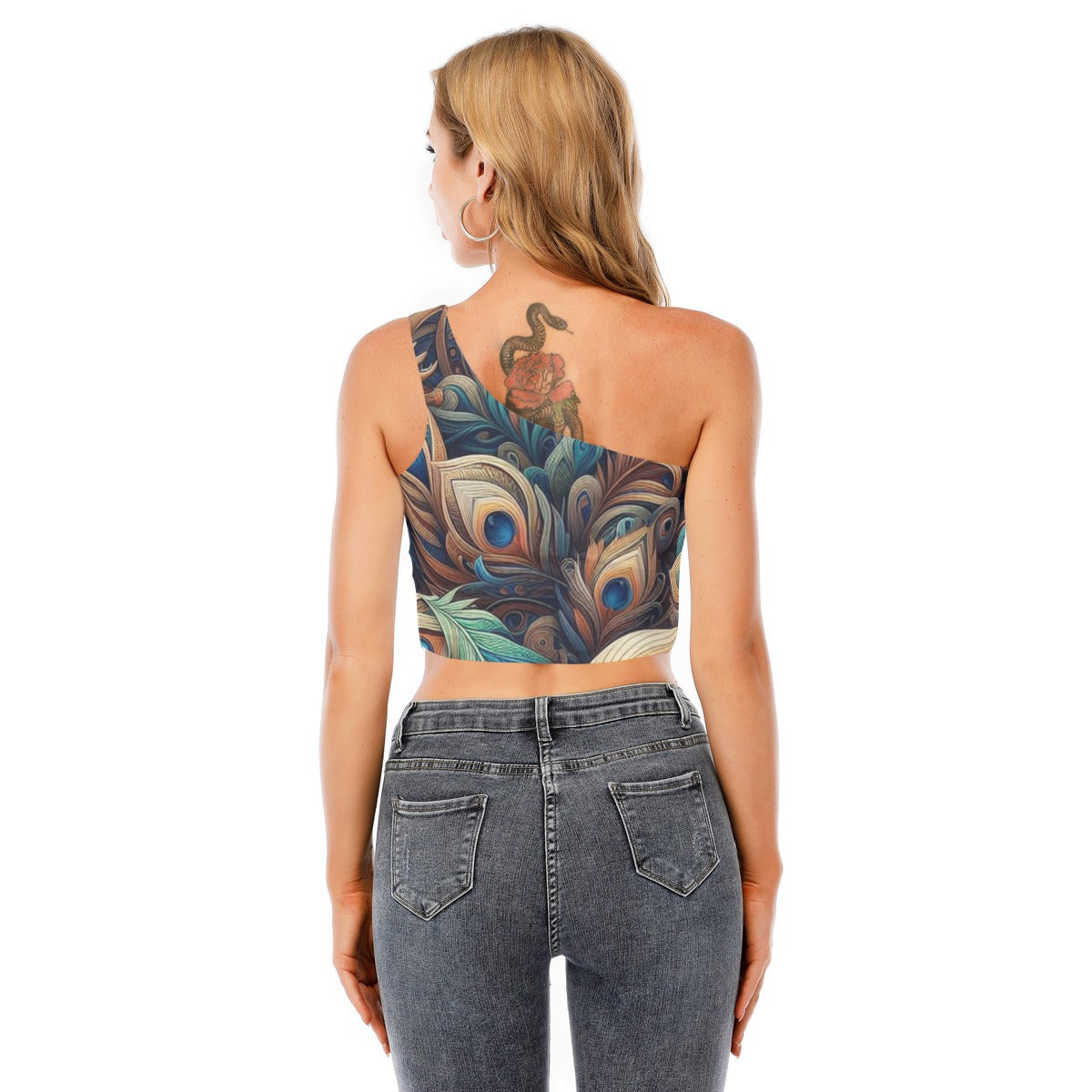 Peacock Woman's One-Shoulder Crop Top